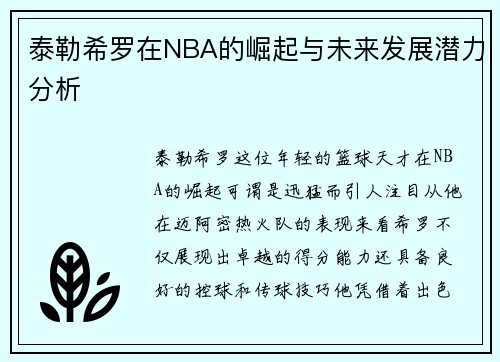 泰勒希罗在NBA的崛起与未来发展潜力分析